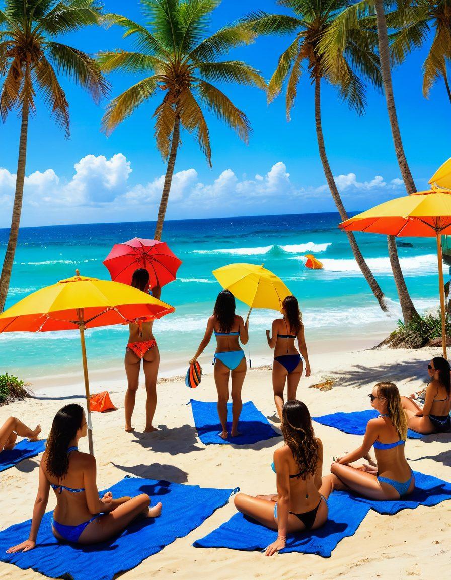 A lively beach scene featuring diverse models showcasing the latest bikini styles and vibrant swimwear trends. Include colorful beach umbrellas, clear blue water, and sunbathers enjoying the sun. Capture the essence of summer with bright, cheerful elements like tropical drinks, palm trees, and playful waves. The atmosphere should be energetic and inviting. vibrant colors. super-realistic.